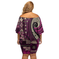 Vintage Samoa Siapo Mamanu Family Matching Off Shoulder Short Dress and Hawaiian Shirt Pink Samoan Tapa Motif LT9 - Polynesian Pride
