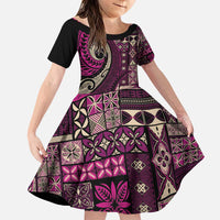 Vintage Samoa Siapo Mamanu Family Matching Puletasi and Hawaiian Shirt Pink Samoan Tapa Motif LT9 Daughter's Dress Pink - Polynesian Pride