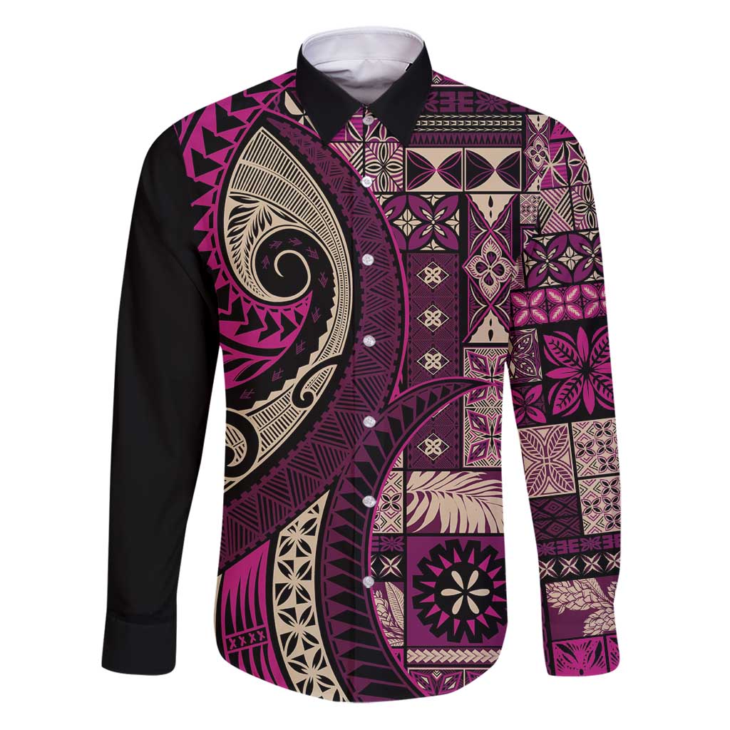 Vintage Samoa Siapo Mamanu Family Matching Puletasi and Hawaiian Shirt Pink Samoan Tapa Motif LT9 Dad's Shirt - Long Sleeve Pink - Polynesian Pride