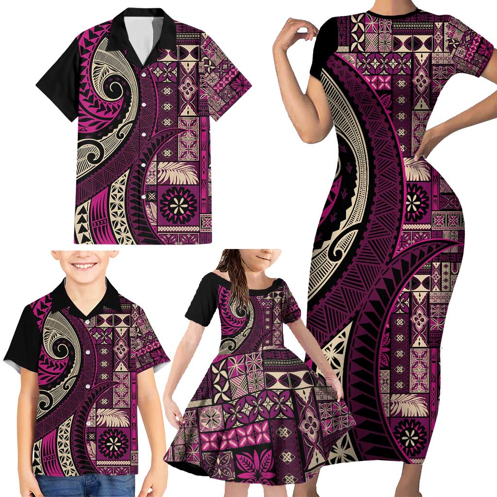 Vintage Samoa Siapo Mamanu Family Matching Short Sleeve Bodycon Dress and Hawaiian Shirt Pink Samoan Tapa Motif LT9 - Polynesian Pride