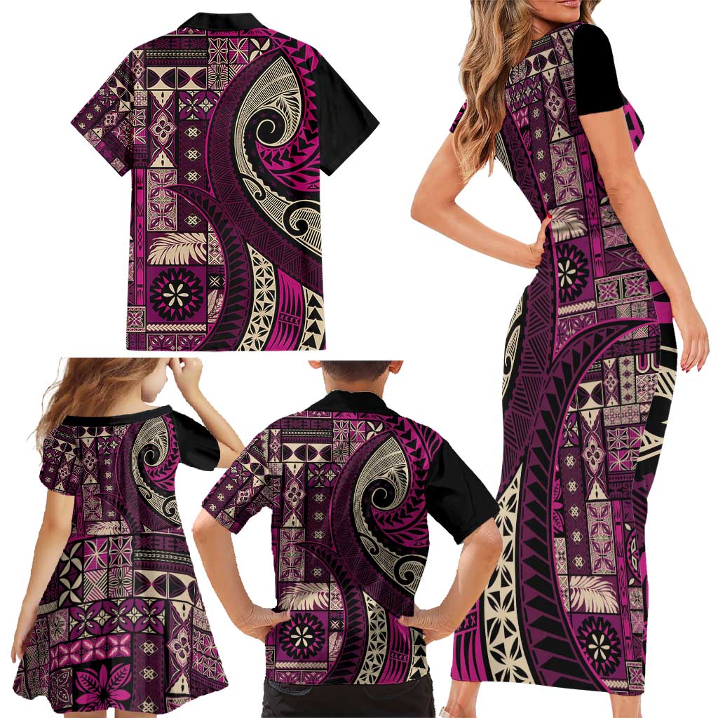 Vintage Samoa Siapo Mamanu Family Matching Short Sleeve Bodycon Dress and Hawaiian Shirt Pink Samoan Tapa Motif LT9 - Polynesian Pride