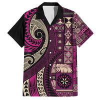 Vintage Samoa Siapo Mamanu Family Matching Short Sleeve Bodycon Dress and Hawaiian Shirt Pink Samoan Tapa Motif LT9 Dad's Shirt - Short Sleeve Pink - Polynesian Pride