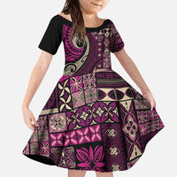 Vintage Samoa Siapo Mamanu Family Matching Tank Maxi Dress and Hawaiian Shirt Pink Samoan Tapa Motif LT9 Daughter's Dress Pink - Polynesian Pride
