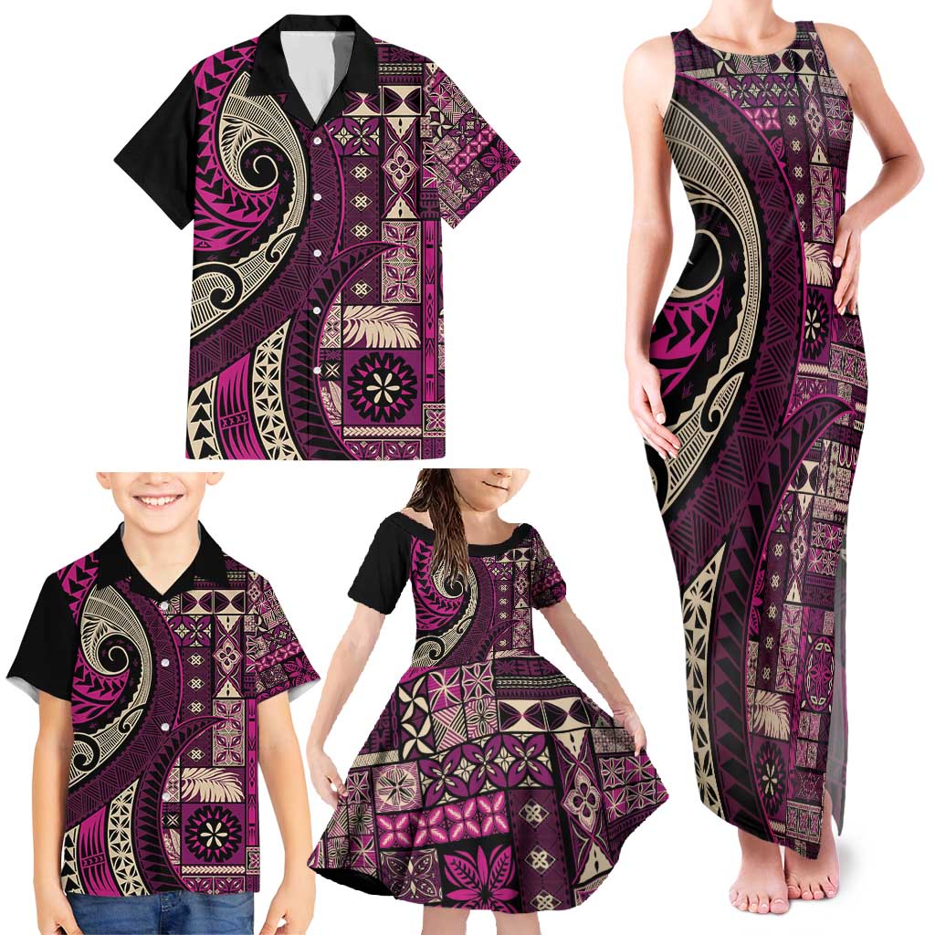 Vintage Samoa Siapo Mamanu Family Matching Tank Maxi Dress and Hawaiian Shirt Pink Samoan Tapa Motif LT9 - Polynesian Pride