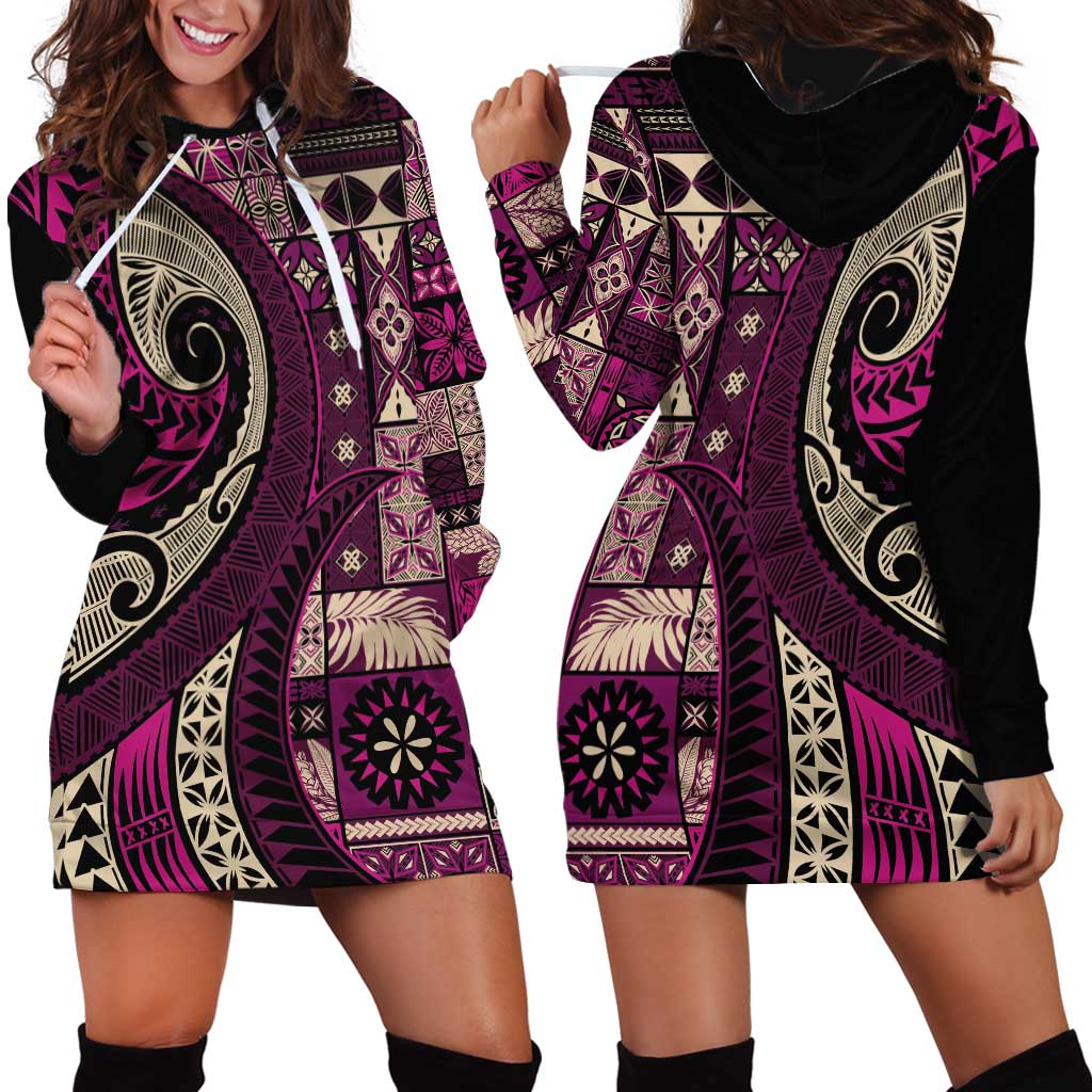 Vintage Samoa Siapo Mamanu Hoodie Dress Pink Samoan Tapa Motif - Polynesian Pride