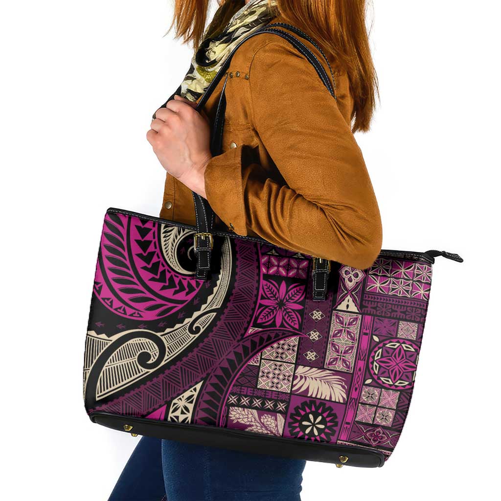 Vintage Samoa Siapo Mamanu Leather Tote Bag Pink Samoan Tapa Motif - Polynesian Pride