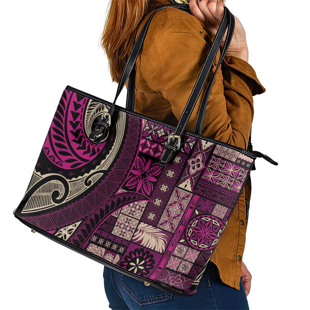 Vintage Samoa Siapo Mamanu Leather Tote Bag Pink Samoan Tapa Motif - Polynesian Pride