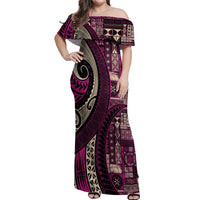 Vintage Samoa Siapo Mamanu Off Shoulder Maxi Dress Pink Samoan Tapa Motif - Polynesian Pride