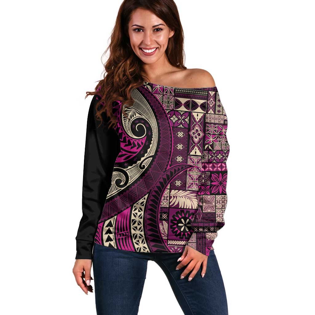 Vintage Samoa Siapo Mamanu Off Shoulder Sweater Pink Samoan Tapa Motif - Polynesian Pride