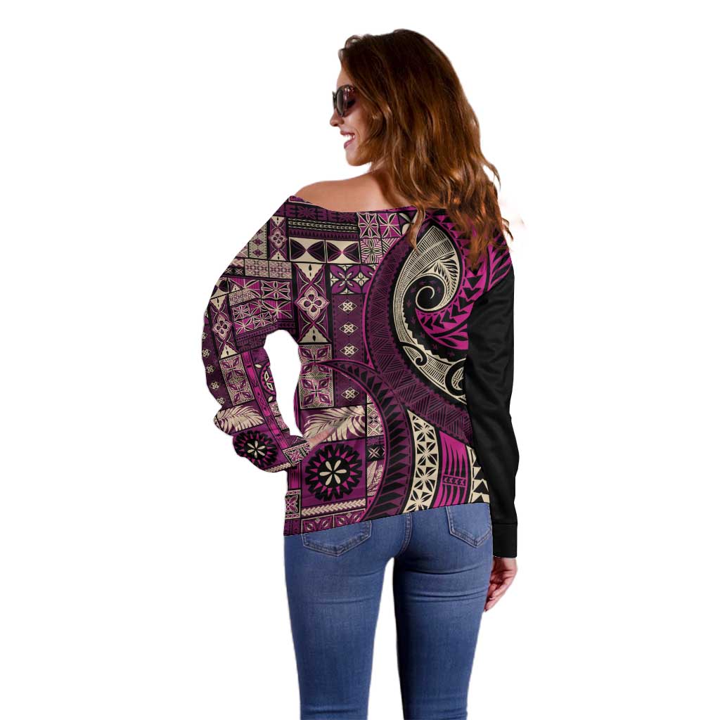 Vintage Samoa Siapo Mamanu Off Shoulder Sweater Pink Samoan Tapa Motif - Polynesian Pride