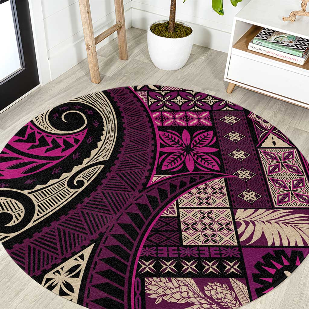 Vintage Samoa Siapo Mamanu Round Carpet Pink Samoan Tapa Motif - Polynesian Pride