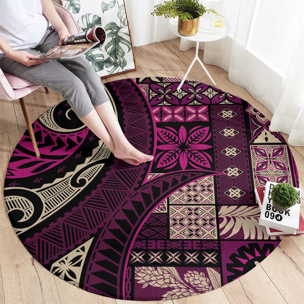 Vintage Samoa Siapo Mamanu Round Carpet Pink Samoan Tapa Motif - Polynesian Pride