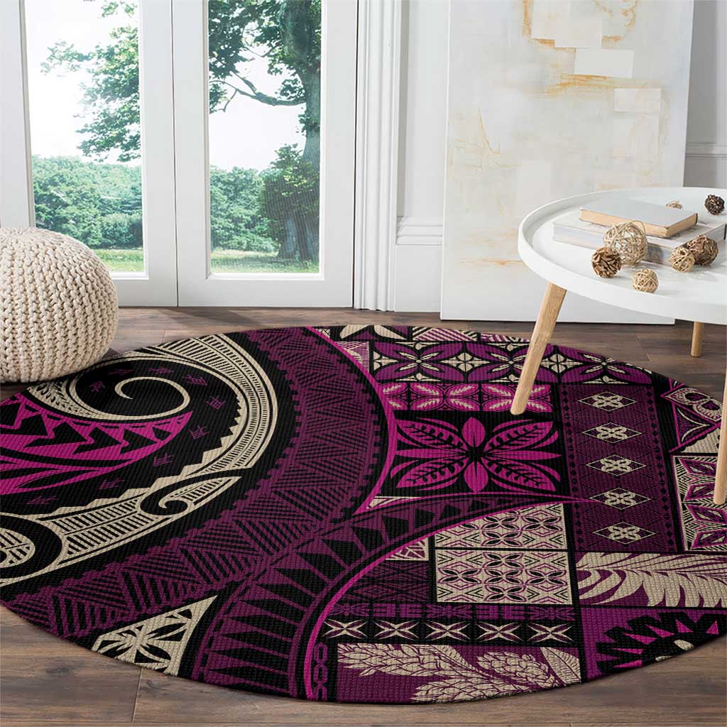 Vintage Samoa Siapo Mamanu Round Carpet Pink Samoan Tapa Motif - Polynesian Pride