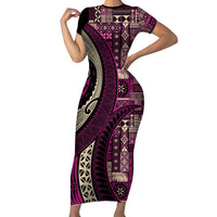 Vintage Samoa Siapo Mamanu Short Sleeve Bodycon Dress Pink Samoan Tapa Motif - Polynesian Pride