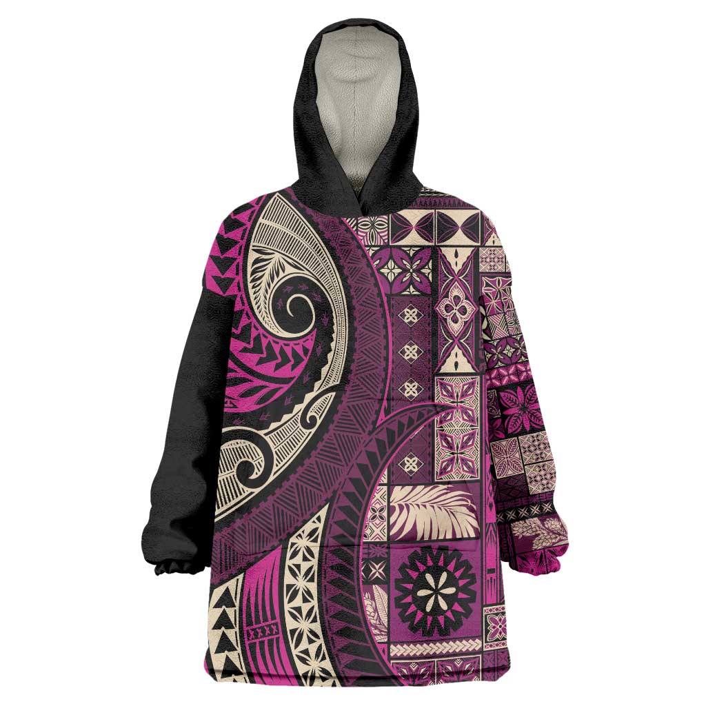 Vintage Samoa Siapo Mamanu Wearable Blanket Hoodie Pink Samoan Tapa Motif - Polynesian Pride