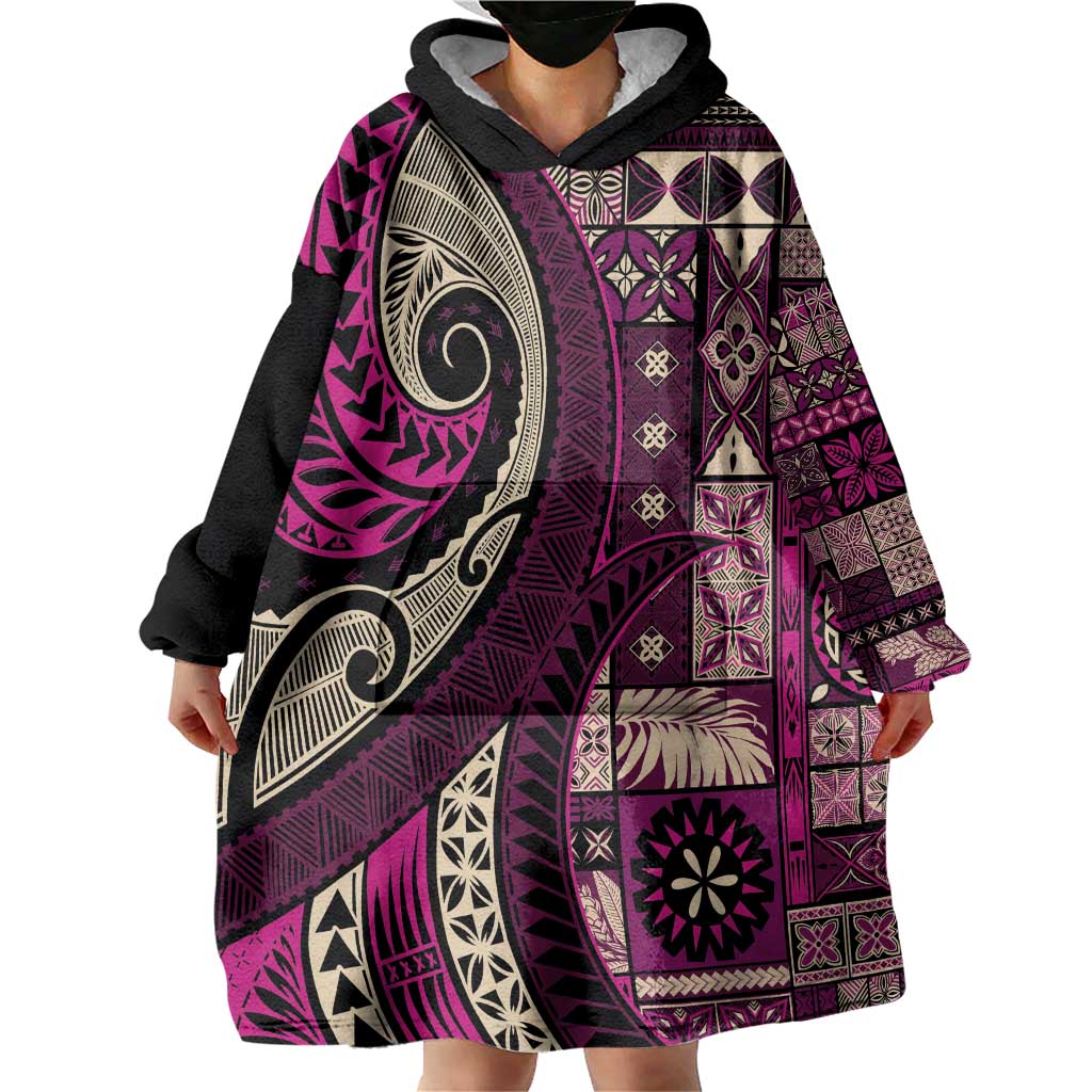 Vintage Samoa Siapo Mamanu Wearable Blanket Hoodie Pink Samoan Tapa Motif - Polynesian Pride