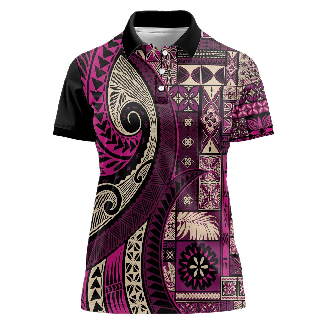 Vintage Samoa Siapo Mamanu Women Polo Shirt Pink Samoan Tapa Motif - Polynesian Pride