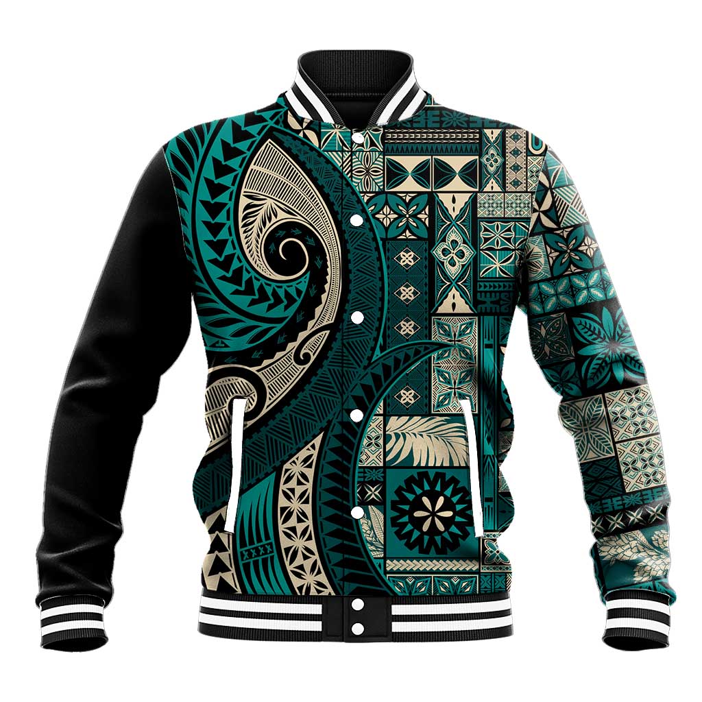 Vintage Samoa Siapo Mamanu Baseball Jacket Teal Samoan Tapa Motif - Polynesian Pride