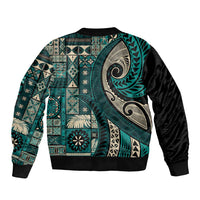 Vintage Samoa Siapo Mamanu Bomber Jacket Teal Samoan Tapa Motif - Polynesian Pride