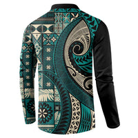 Vintage Samoa Siapo Mamanu Button Sweatshirt Teal Samoan Tapa Motif - Polynesian Pride