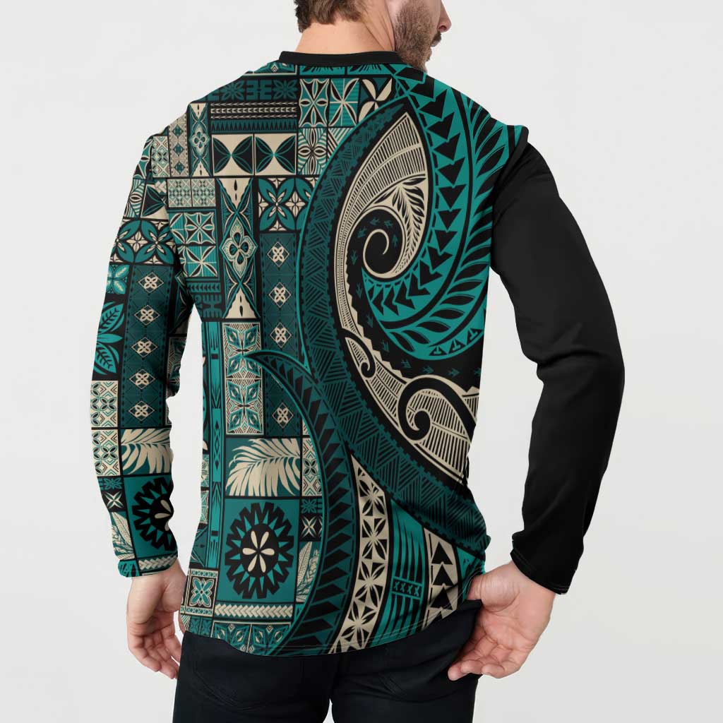 Vintage Samoa Siapo Mamanu Button Sweatshirt Teal Samoan Tapa Motif - Polynesian Pride