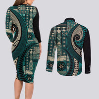 Vintage Samoa Siapo Mamanu Couples Matching Long Sleeve Bodycon Dress and Long Sleeve Button Shirt Teal Samoan Tapa Motif - Polynesian Pride