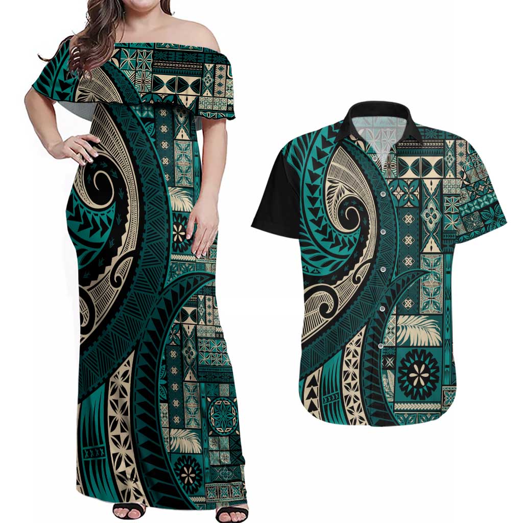 Vintage Samoa Siapo Mamanu Couples Matching Off Shoulder Maxi Dress and Hawaiian Shirt Teal Samoan Tapa Motif - Polynesian Pride