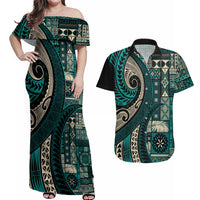 Vintage Samoa Siapo Mamanu Couples Matching Off Shoulder Maxi Dress and Hawaiian Shirt Teal Samoan Tapa Motif - Polynesian Pride