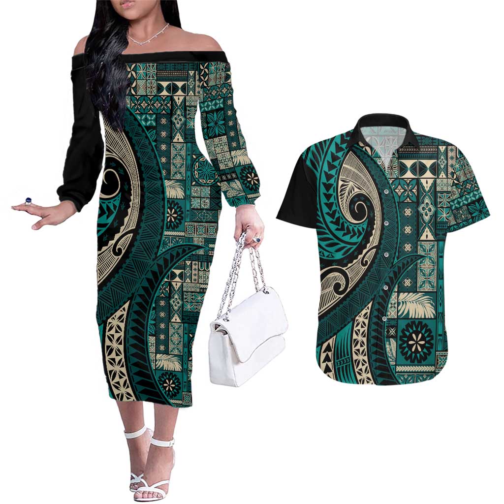 Vintage Samoa Siapo Mamanu Couples Matching Off The Shoulder Long Sleeve Dress and Hawaiian Shirt Teal Samoan Tapa Motif - Polynesian Pride