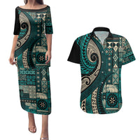 Vintage Samoa Siapo Mamanu Couples Matching Puletasi and Hawaiian Shirt Teal Samoan Tapa Motif - Polynesian Pride