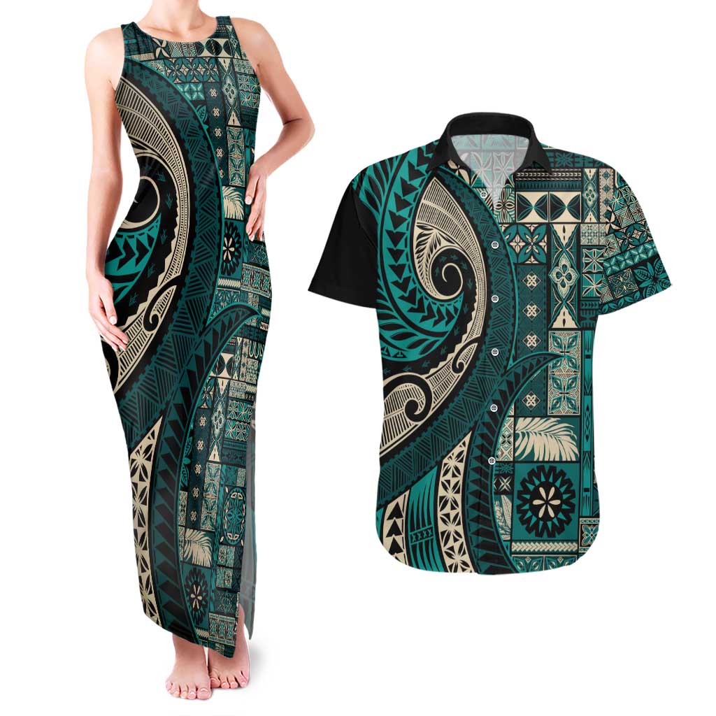 Vintage Samoa Siapo Mamanu Couples Matching Tank Maxi Dress and Hawaiian Shirt Teal Samoan Tapa Motif - Polynesian Pride