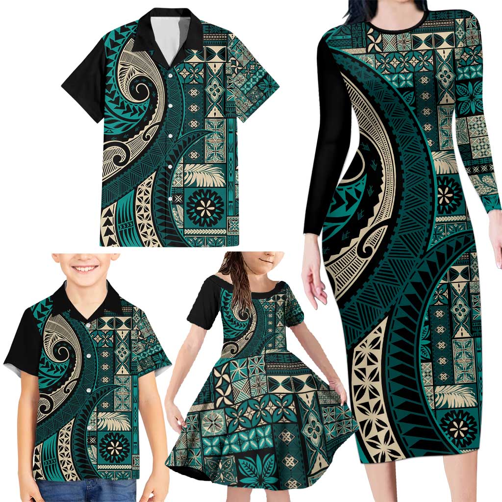 Vintage Samoa Siapo Mamanu Family Matching Long Sleeve Bodycon Dress and Hawaiian Shirt Teal Samoan Tapa Motif LT9 - Polynesian Pride