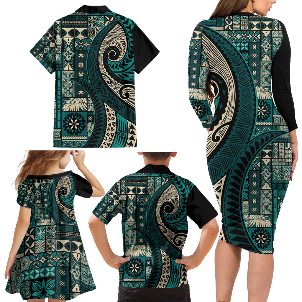 Vintage Samoa Siapo Mamanu Family Matching Long Sleeve Bodycon Dress and Hawaiian Shirt Teal Samoan Tapa Motif LT9 - Polynesian Pride
