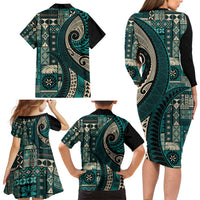 Vintage Samoa Siapo Mamanu Family Matching Long Sleeve Bodycon Dress and Hawaiian Shirt Teal Samoan Tapa Motif LT9 - Polynesian Pride
