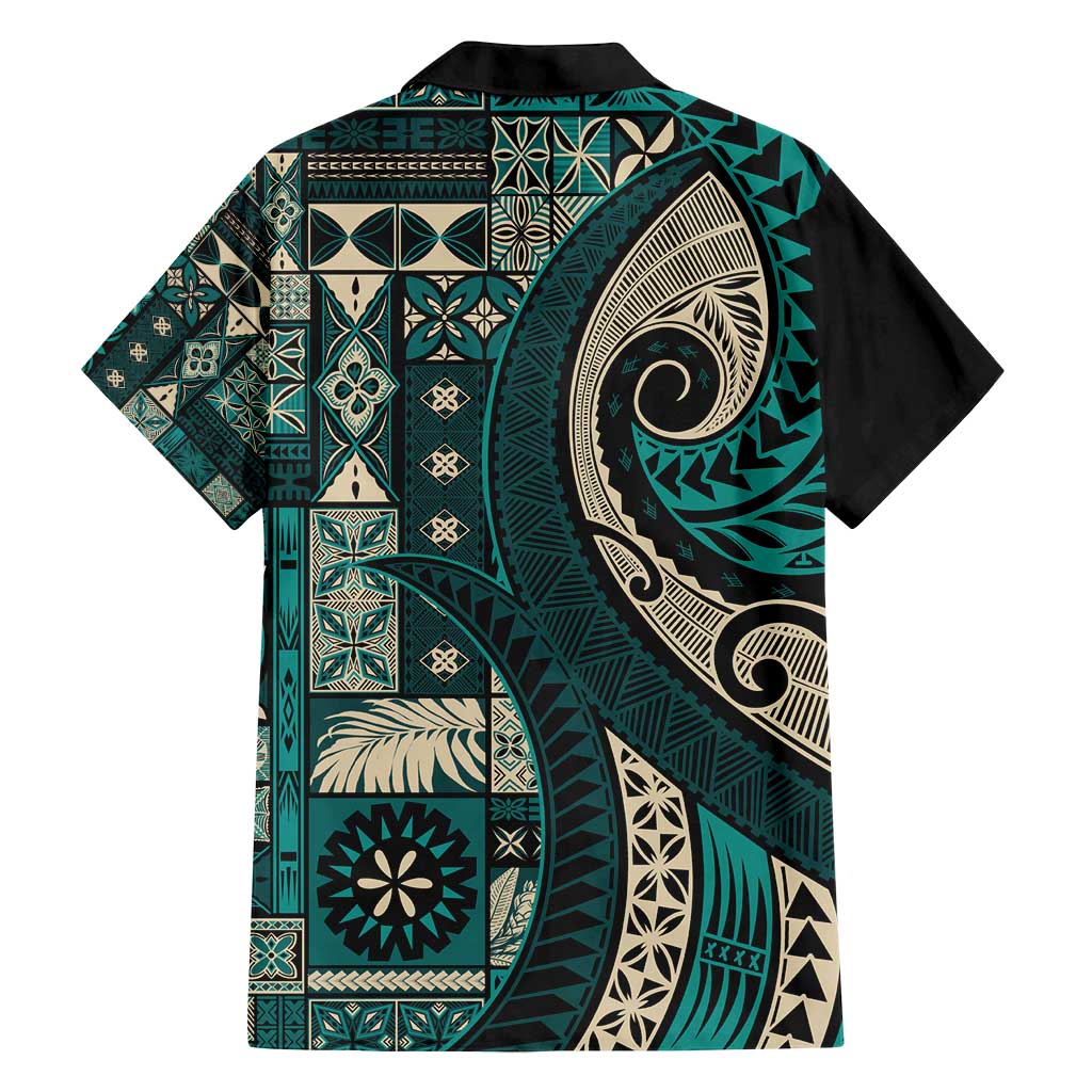 Vintage Samoa Siapo Mamanu Family Matching Long Sleeve Bodycon Dress and Hawaiian Shirt Teal Samoan Tapa Motif LT9 - Polynesian Pride