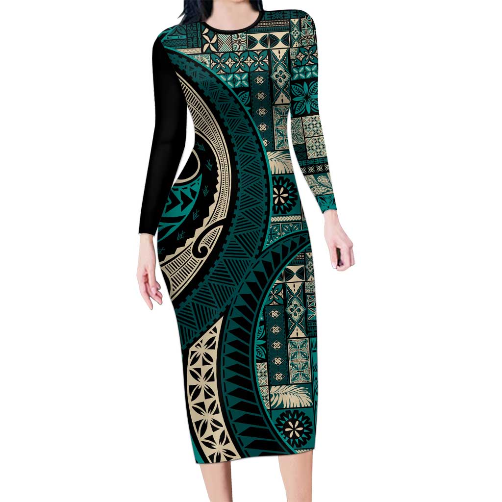 Vintage Samoa Siapo Mamanu Family Matching Long Sleeve Bodycon Dress and Hawaiian Shirt Teal Samoan Tapa Motif LT9 Mom's Dress Teal - Polynesian Pride