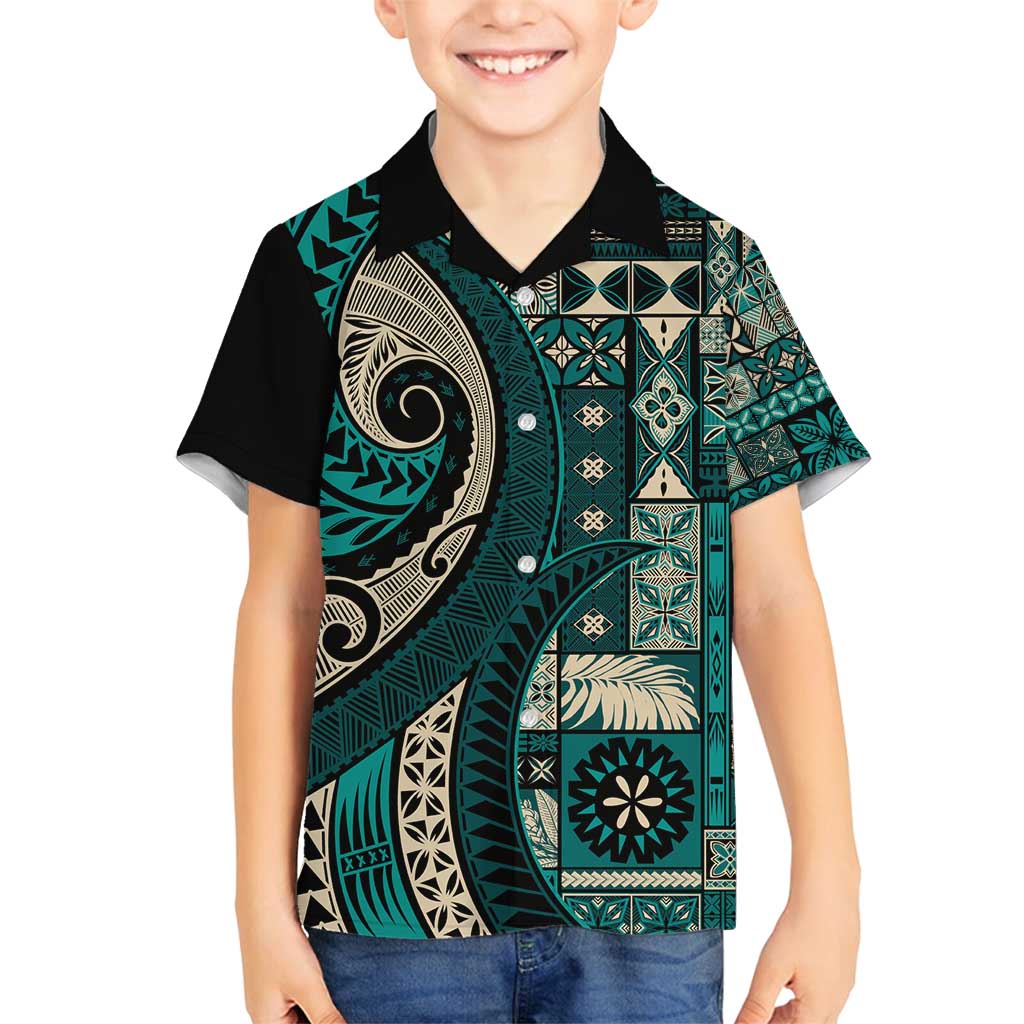 Vintage Samoa Siapo Mamanu Family Matching Long Sleeve Bodycon Dress and Hawaiian Shirt Teal Samoan Tapa Motif LT9 Son's Shirt Teal - Polynesian Pride