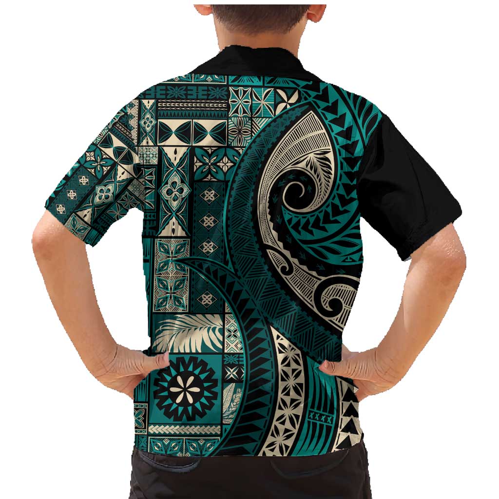Vintage Samoa Siapo Mamanu Family Matching Mermaid Dress and Hawaiian Shirt Teal Samoan Tapa Motif LT9 - Polynesian Pride