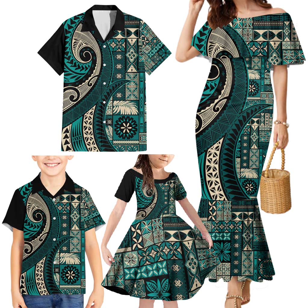 Vintage Samoa Siapo Mamanu Family Matching Mermaid Dress and Hawaiian Shirt Teal Samoan Tapa Motif LT9 - Polynesian Pride
