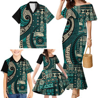 Vintage Samoa Siapo Mamanu Family Matching Mermaid Dress and Hawaiian Shirt Teal Samoan Tapa Motif LT9 - Polynesian Pride