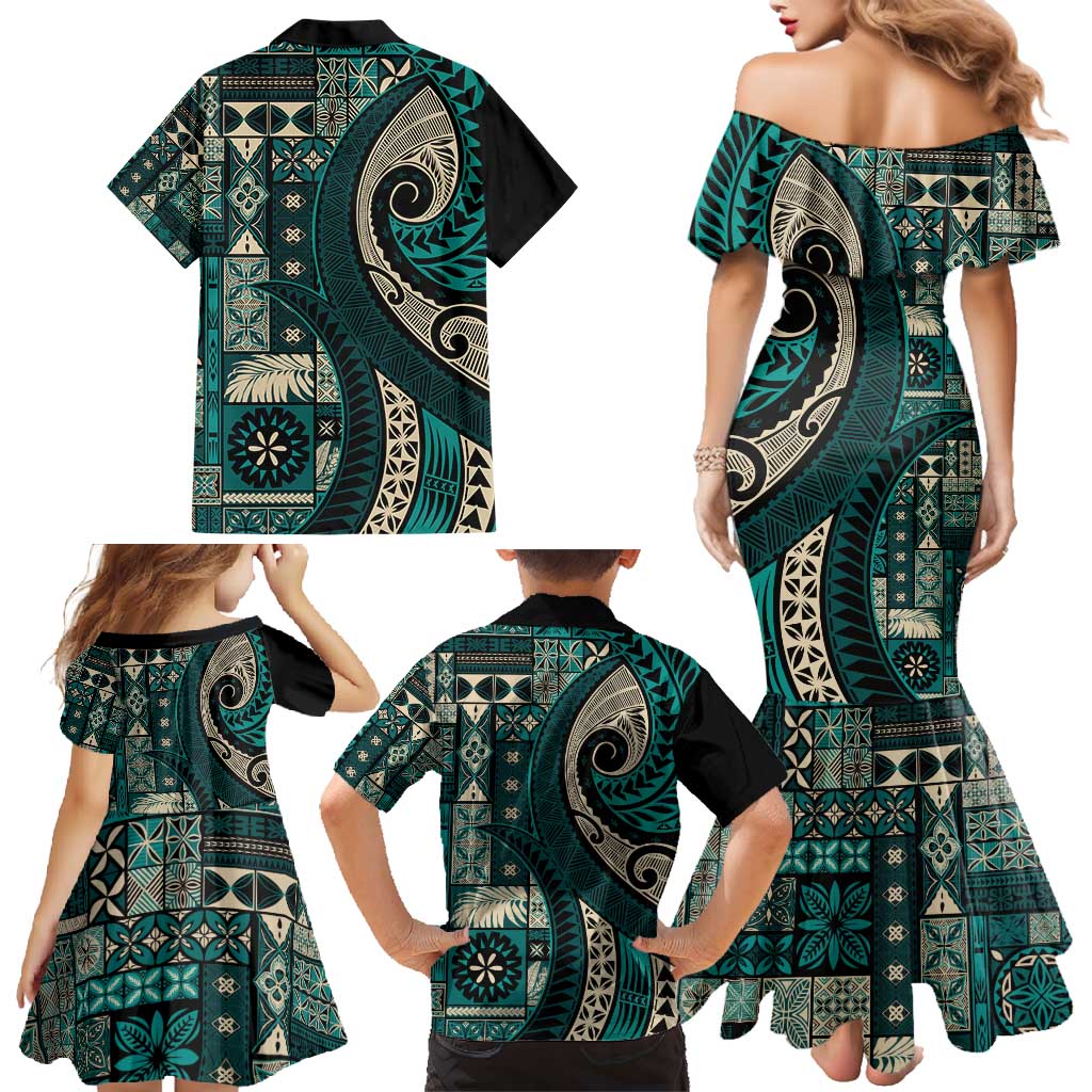 Vintage Samoa Siapo Mamanu Family Matching Mermaid Dress and Hawaiian Shirt Teal Samoan Tapa Motif LT9 - Polynesian Pride