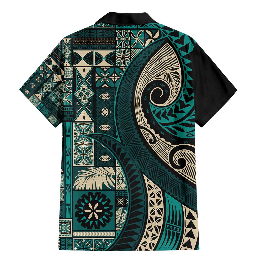 Vintage Samoa Siapo Mamanu Family Matching Mermaid Dress and Hawaiian Shirt Teal Samoan Tapa Motif LT9 - Polynesian Pride