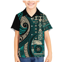 Vintage Samoa Siapo Mamanu Family Matching Mermaid Dress and Hawaiian Shirt Teal Samoan Tapa Motif LT9 Son's Shirt Teal - Polynesian Pride