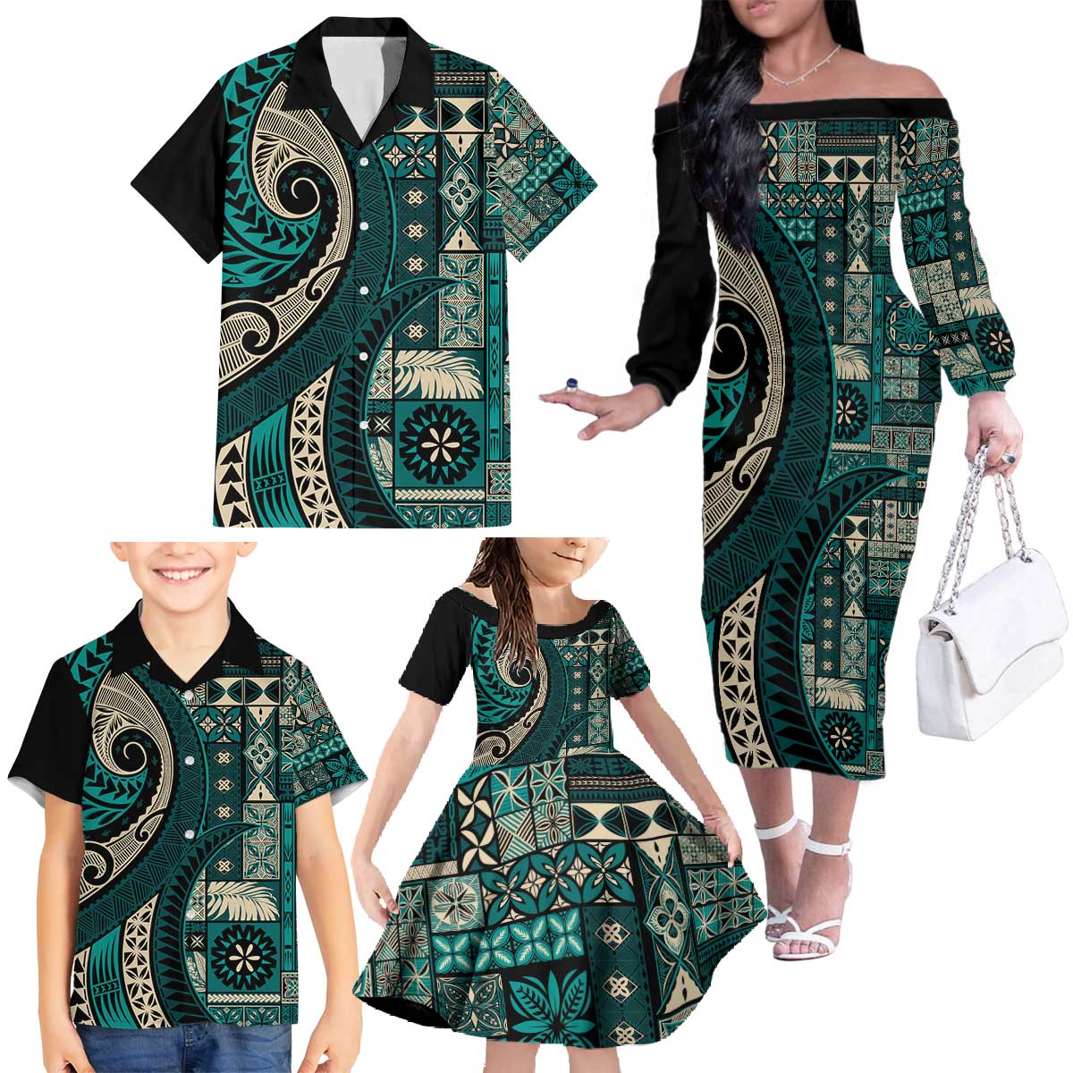 Vintage Samoa Siapo Mamanu Family Matching Off The Shoulder Long Sleeve Dress and Hawaiian Shirt Teal Samoan Tapa Motif LT9 - Polynesian Pride