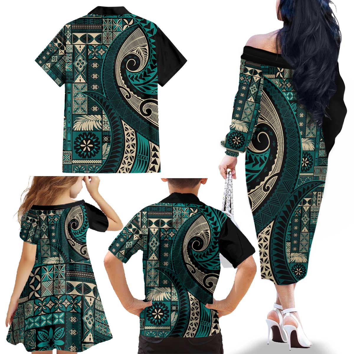 Vintage Samoa Siapo Mamanu Family Matching Off The Shoulder Long Sleeve Dress and Hawaiian Shirt Teal Samoan Tapa Motif LT9 - Polynesian Pride
