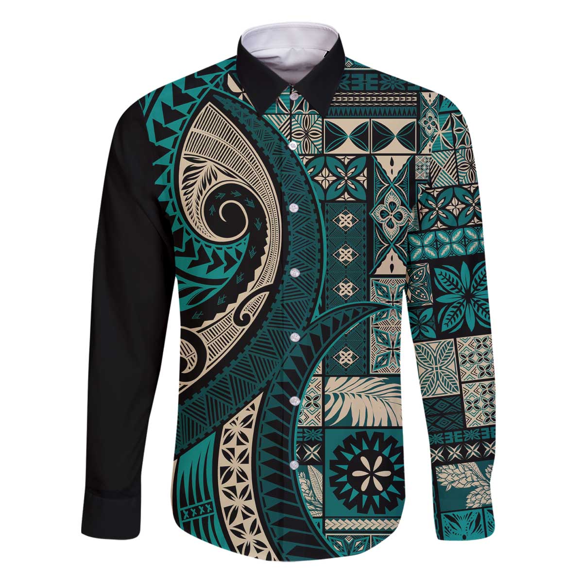 Vintage Samoa Siapo Mamanu Family Matching Off The Shoulder Long Sleeve Dress and Hawaiian Shirt Teal Samoan Tapa Motif LT9 Dad's Shirt - Long Sleeve Teal - Polynesian Pride