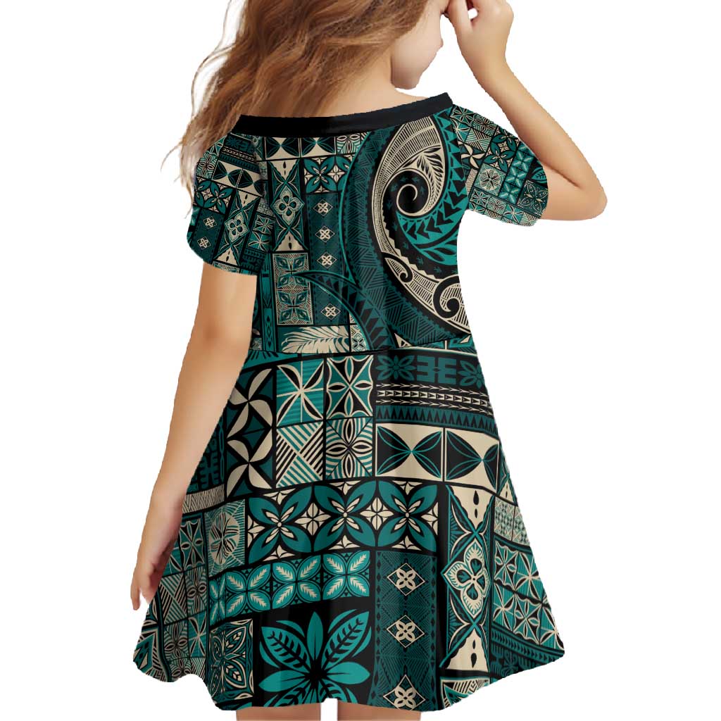 Vintage Samoa Siapo Mamanu Family Matching Off Shoulder Maxi Dress and Hawaiian Shirt Teal Samoan Tapa Motif LT9 - Polynesian Pride