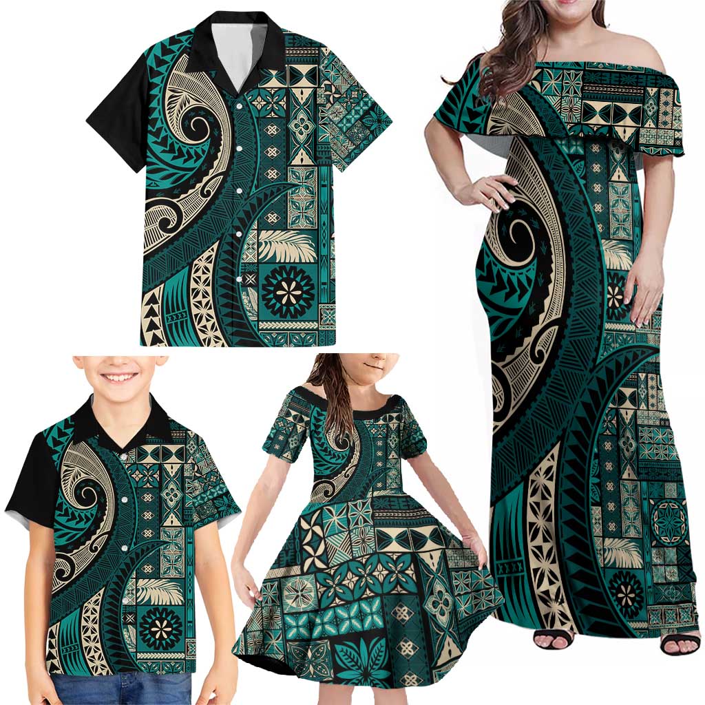 Vintage Samoa Siapo Mamanu Family Matching Off Shoulder Maxi Dress and Hawaiian Shirt Teal Samoan Tapa Motif LT9 - Polynesian Pride