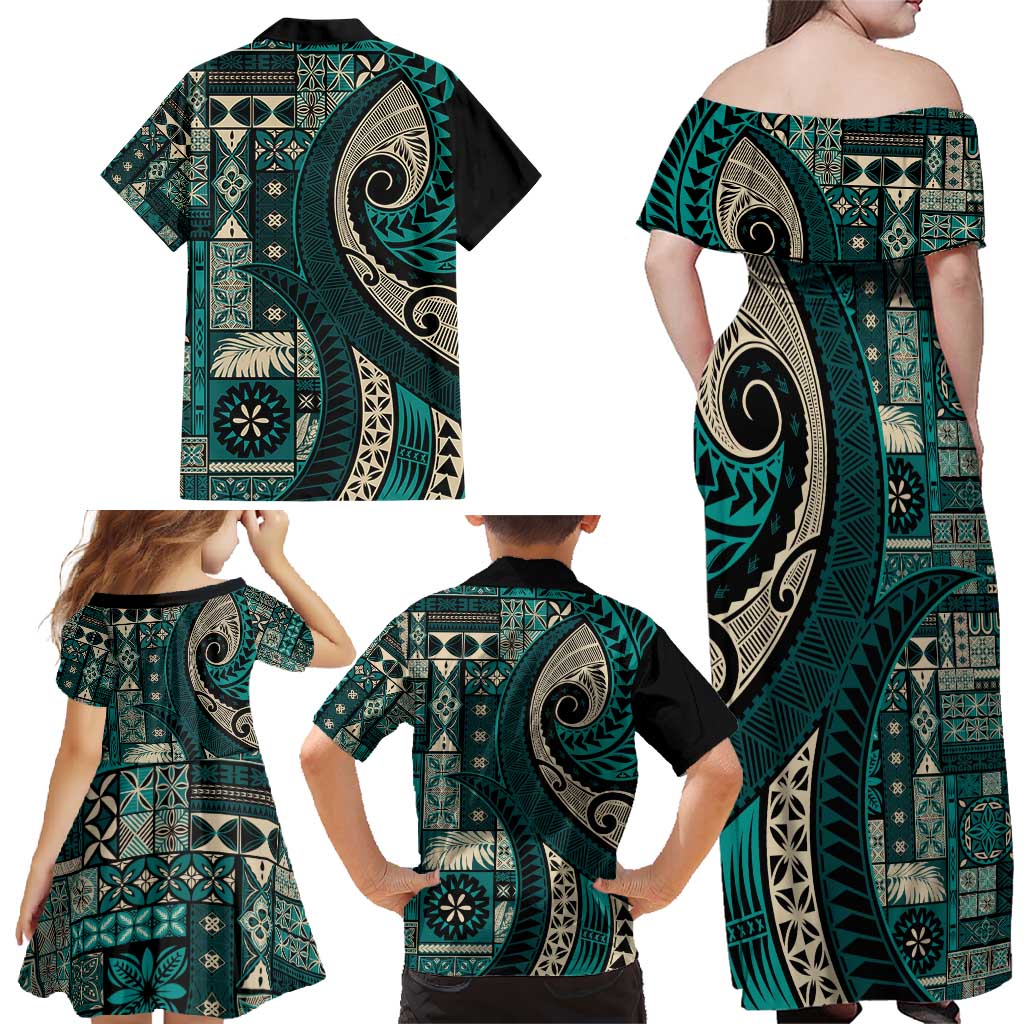 Vintage Samoa Siapo Mamanu Family Matching Off Shoulder Maxi Dress and Hawaiian Shirt Teal Samoan Tapa Motif LT9 - Polynesian Pride