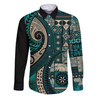 Vintage Samoa Siapo Mamanu Family Matching Off Shoulder Maxi Dress and Hawaiian Shirt Teal Samoan Tapa Motif LT9 Dad's Shirt - Long Sleeve Teal - Polynesian Pride